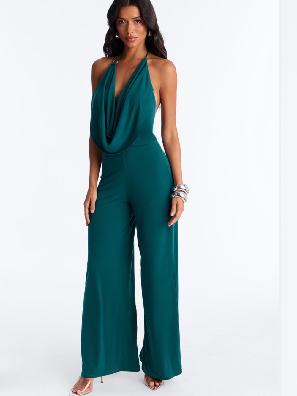 Fashion Nova Teal Cowl Halter Wide-Leg Jumpsuit